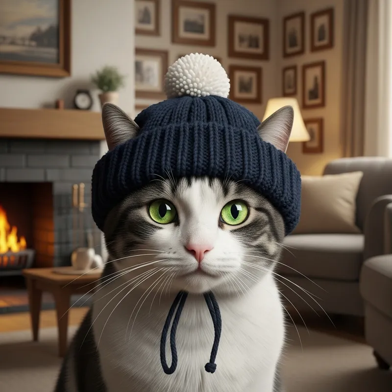 Curious Cat with Cap in Fireplace Setting