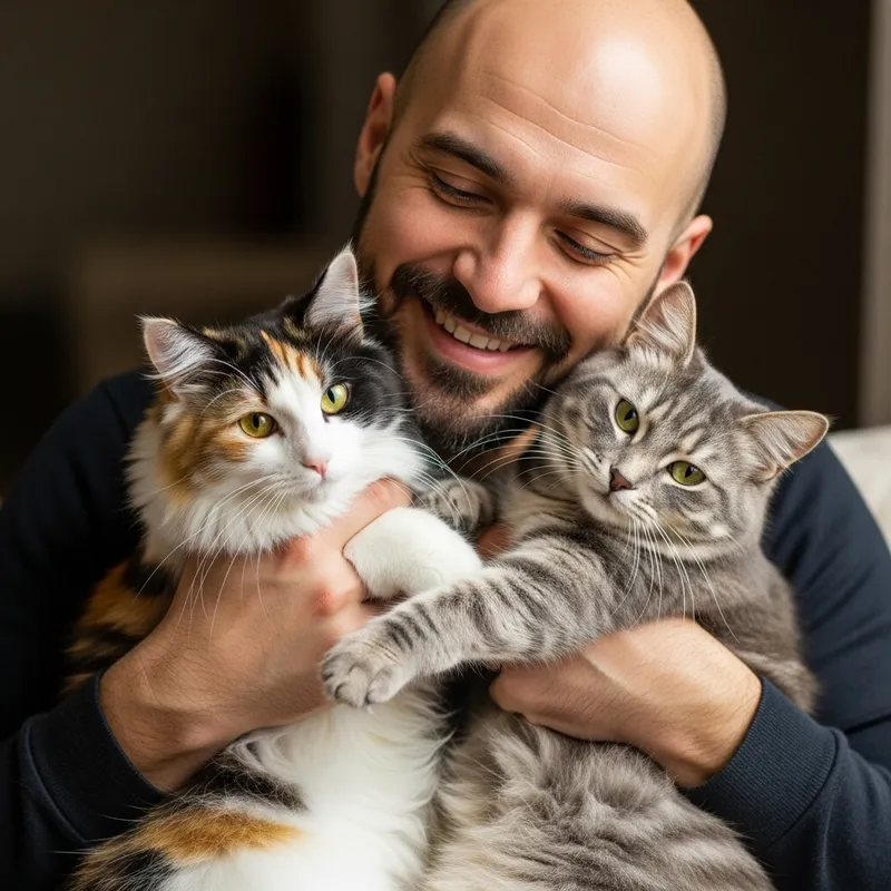 Bald Man Holding 2 Cats with Warm Smile