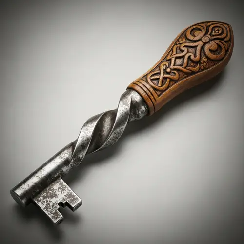 Twisted Metal Key with Wooden Handle - Vintage & Intricate Design