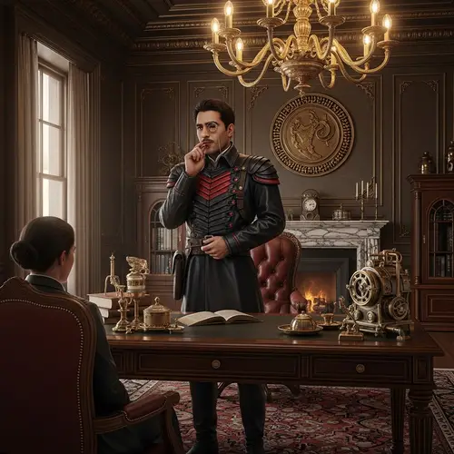 Steampunk-Inspired Middle-Eastern Man in Richly Embellished Office