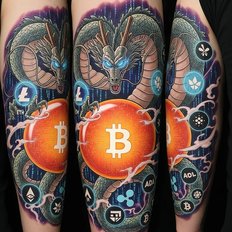 Bitcoin Hidden in Dragon Ball Tattoo with Virtual Currency Background