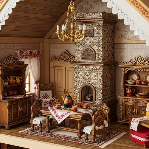 Russian Style Dollhouse Interior with Traditional Decor