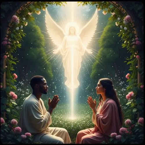 Divine Figure in Lush Garden: Renaissance-Inspired Serenity