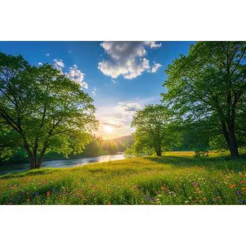 Serene Landscape: Lush Nature with Trees, Wildflowers, and River
