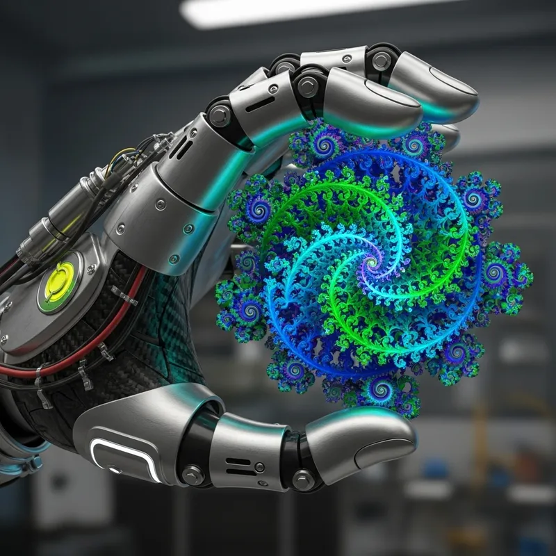 Sleek Semi-Robotic Hand Grasping Vibrant Fractal Object