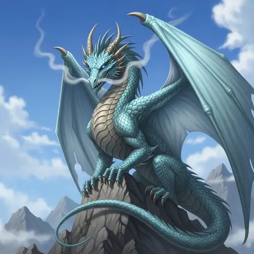 Majestic Light Blue Dragon Perched on Craggy Mountain Peak