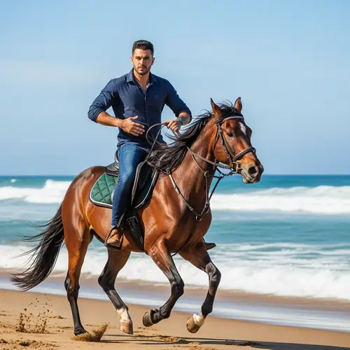 Hispanic Man on Stallion Galloping Down Sandy Beach