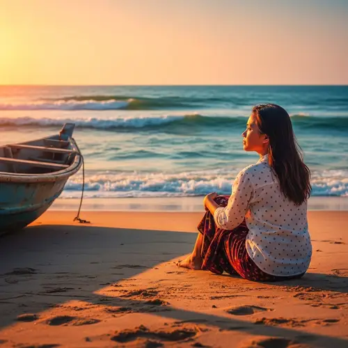 Young Southeast Asian Woman Enjoying Sunset on Sandy Beach