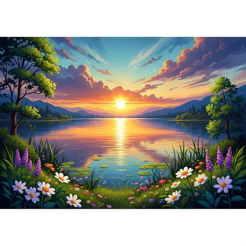 Abstract Serene Landscape – Sunsets and Wildflowers