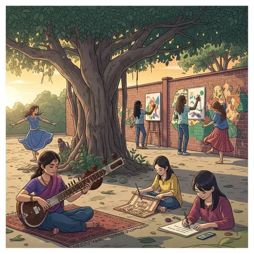 Diverse Girls Showcase Artistic Talents Under Banyan Tree