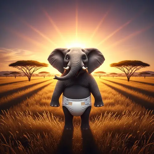Jolly Elephant in White Diaper on Grassy Pampa