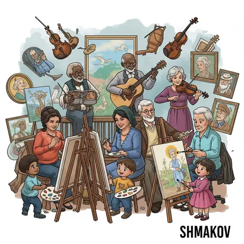 Shmakov Superfamily: Animated Creative Ensemble with Musical Instruments and Paints