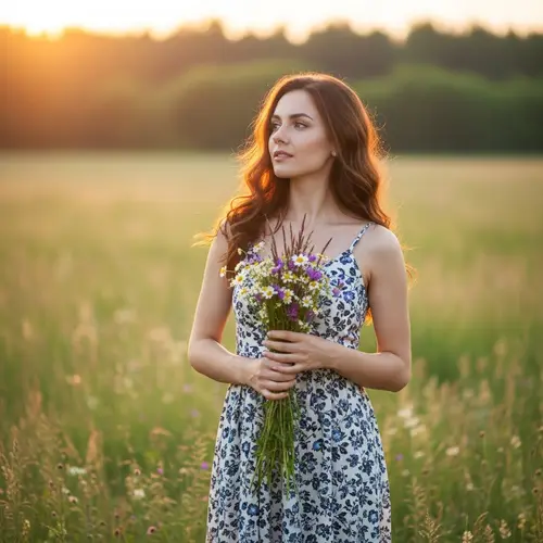 Serene Woman in Meadow at Sunrise | Nature Beauty Portrait