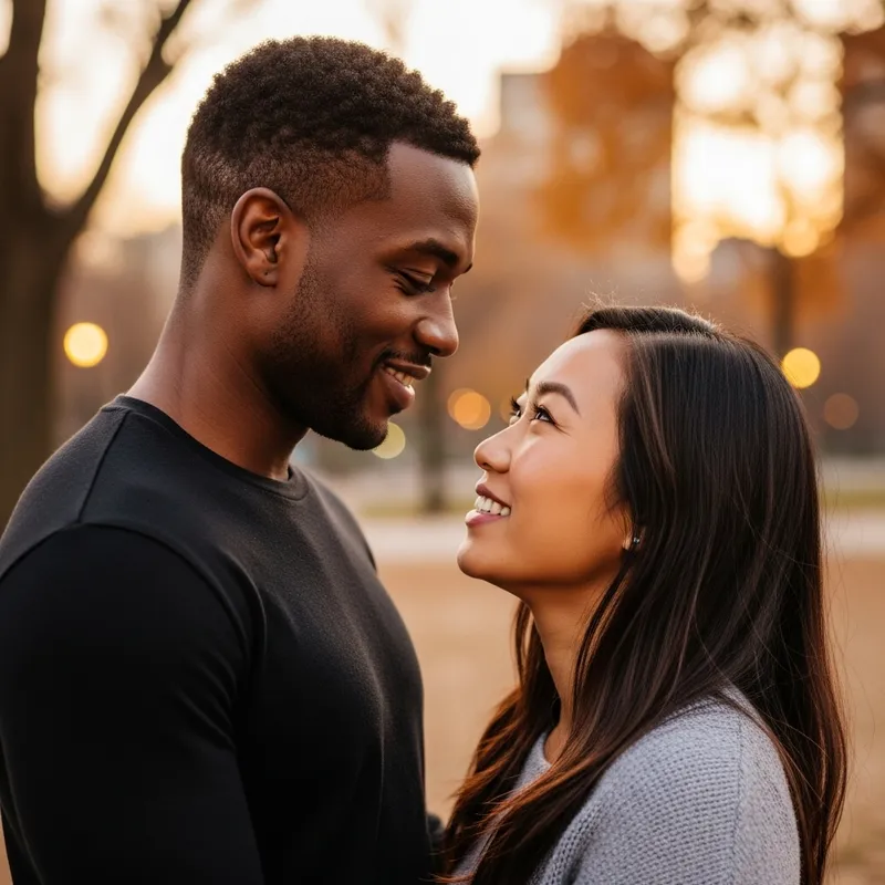 Interracial Couple Standing Together | Portrait of Couple with Brown Eyes & Hair