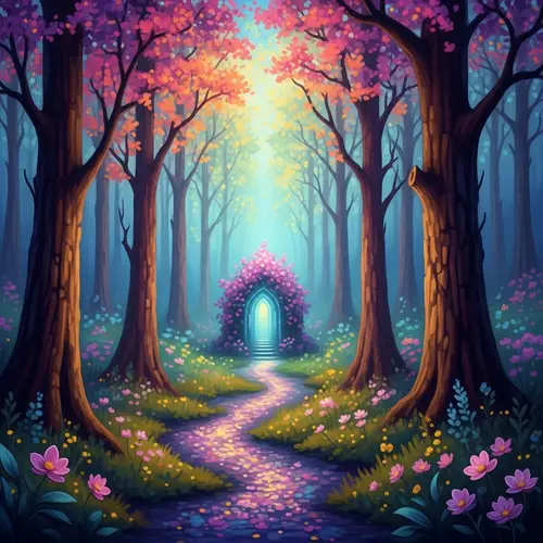 Mystical Woodland Sanctuary: Impressionist Painting with Vibrant Hues