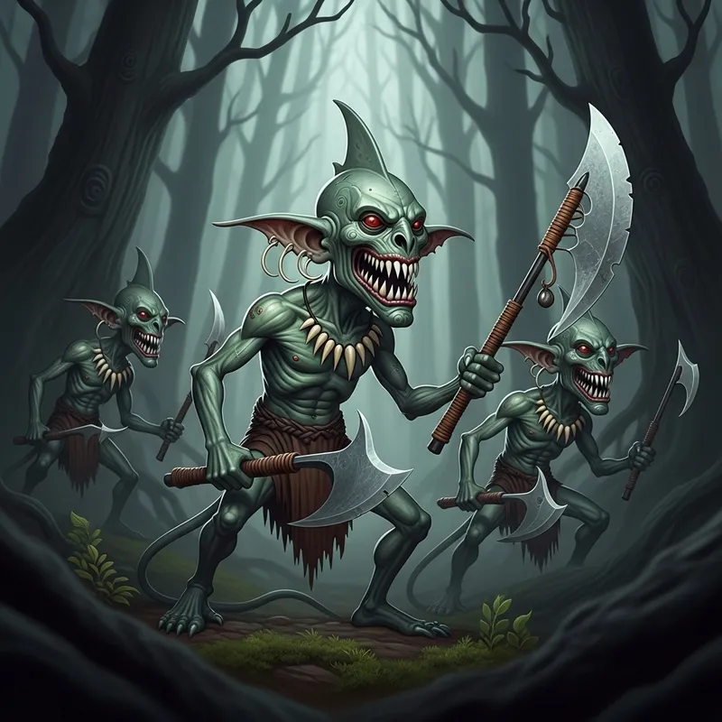 Haunting Maori Goblin-Like Creatures in Dark Fantasy Forest Haunting Maori Goblin-Like Creatures in Dark Fantasy Forest