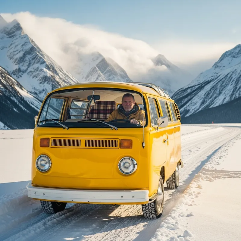 Camper Van Driving Through Snowy Mountains | Winter Adventure Views