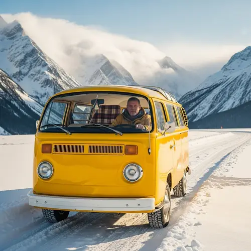 Yellow Camper Van Winter Adventure | Snowy Landscape Views