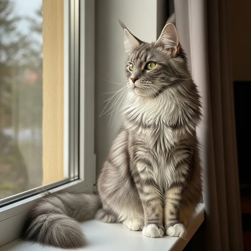 Majestic Maine Coon Cat Gazing Out Window