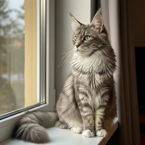 Majestic Maine Coon Cat Watching World from Window Sill