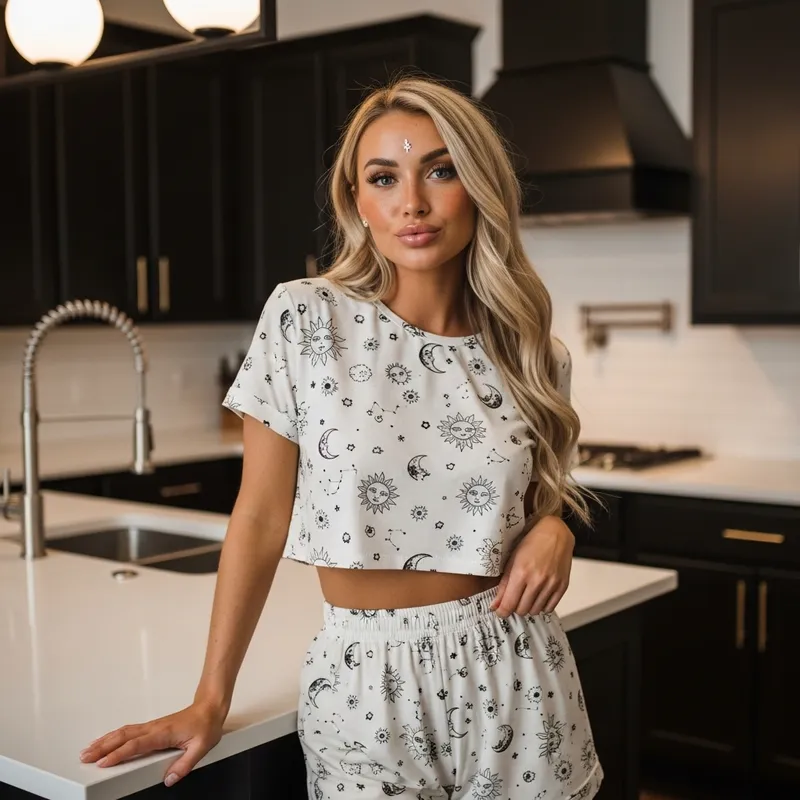 Celestial Pyjama Set in a Modern Kitchen Night Scene Celestial Pyjama Set in a Modern Kitchen Night Scene