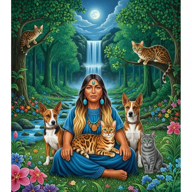 Enchanted Scene: Female Shaman with Bengal Cats in Lush Forest