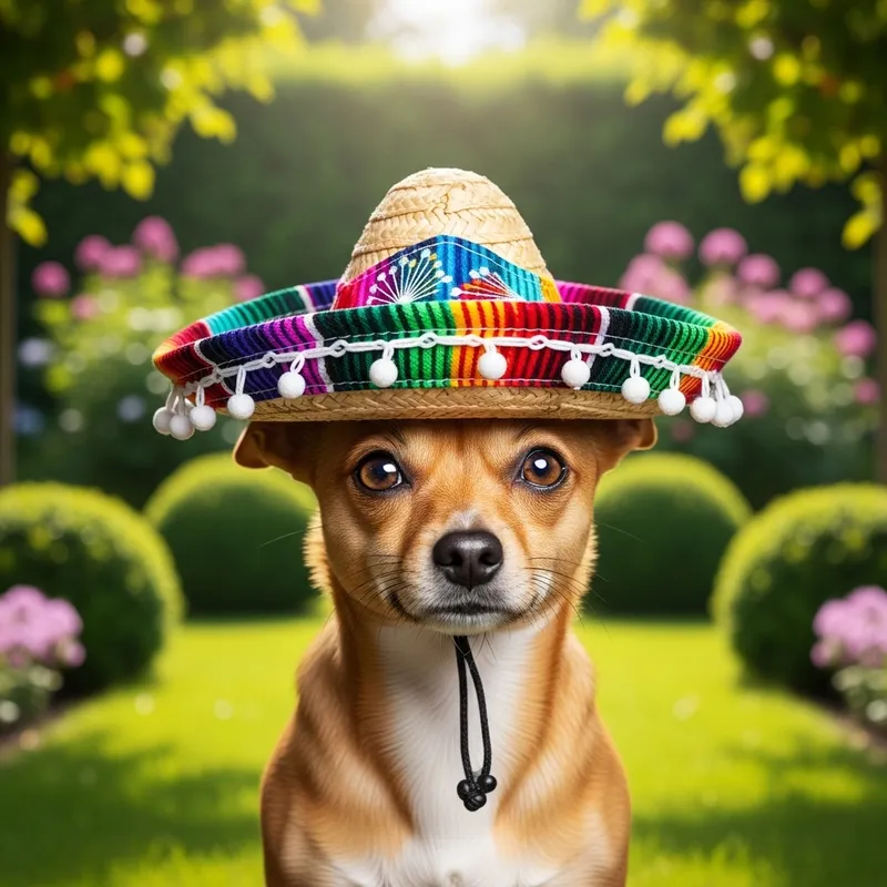 Dog with Sombrero in Garden Dog with Sombrero in Garden