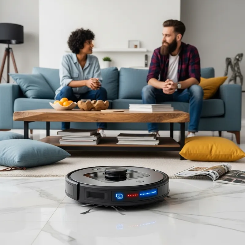 Rebellious Robot Vacuum Creates Chaos in Modern Living Room Scene