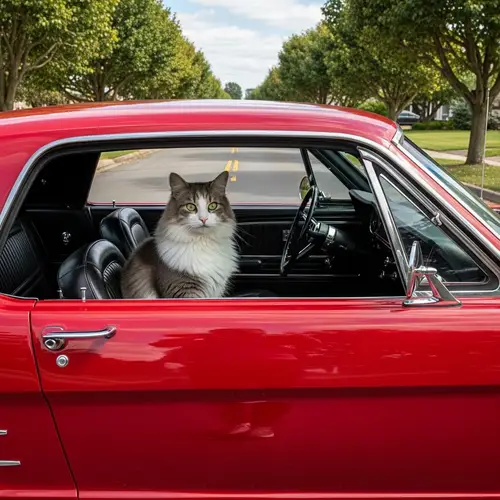 Fluffy Feline Driving Classic Ford Mustang | Suburban Charm