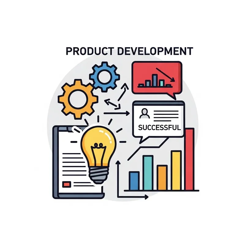 Product Development Icon: Gear Symbol, Light Bulb, Bar Graph