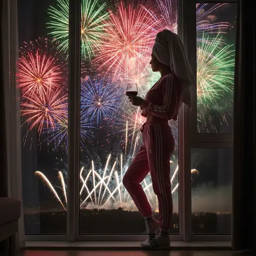 Woman in Pink Tracksuit with Wine Glass Enjoying Fireworks