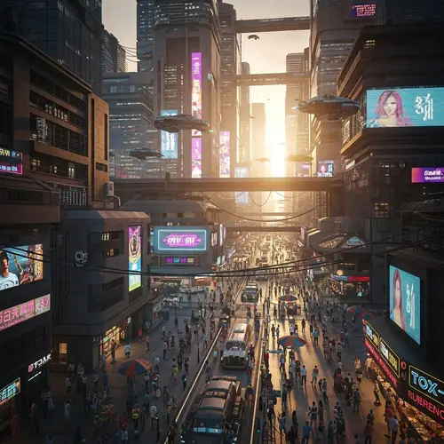 Futuristic Cityscape at Sunset with Neon Lights | Cyberpunk Aesthetic