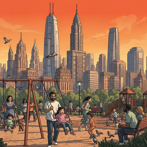 Futuristic Cityscape at Sunset: Urban Life Diversity