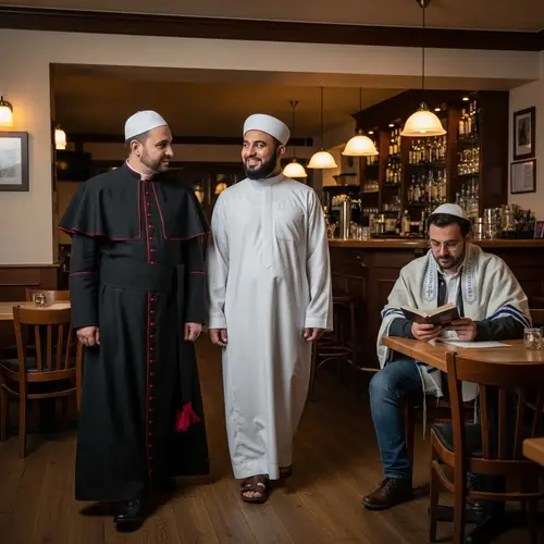 Religious Figures from Christianity and Islam Meet Person Practicing Judaism