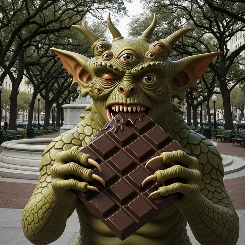 Fantastical Monster Eating Chocolate in City Park Fantastical Monster Eating Chocolate in City Park