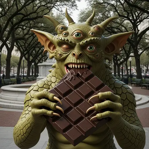 Fantastical Monster Enjoying Dark Chocolate in City Park