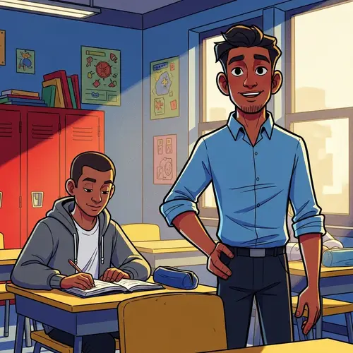 Diverse Classroom Scene: Attractive Hispanic Teacher with Engaged Middle-Eastern Student