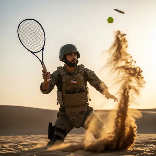 Middle-Eastern Soldier Swings Tennis Racket in Desert Setting