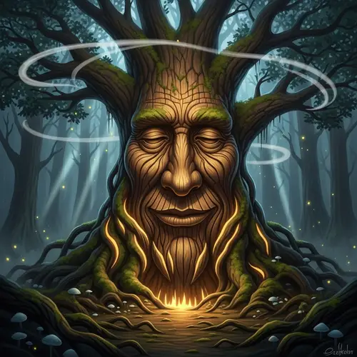 Mystical Ancient Tree with a Face - Enveloped in Magical Glow