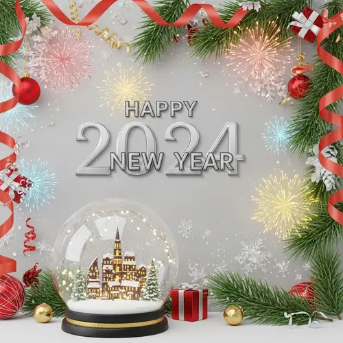 Festive 2024 New Year Greeting Card Design with Snow Globe City