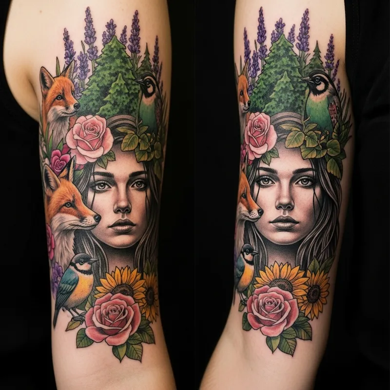 Nature-Themed Arm Tattoo with Animals, Flowers & Tranquil Visage