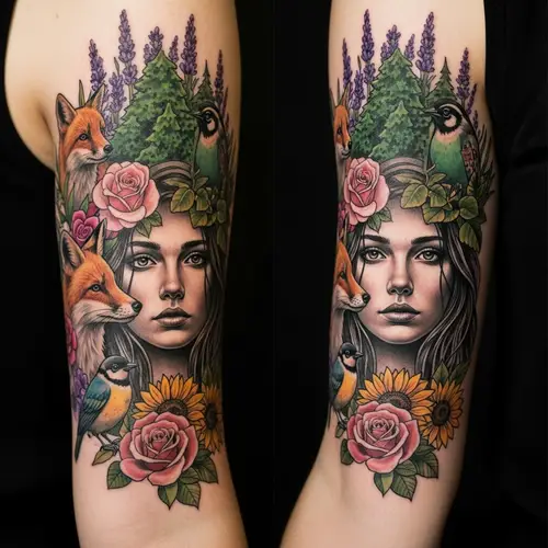 Nature-Themed Arm Tattoo for Women with Animals, Flowers, and Tranquil Visage