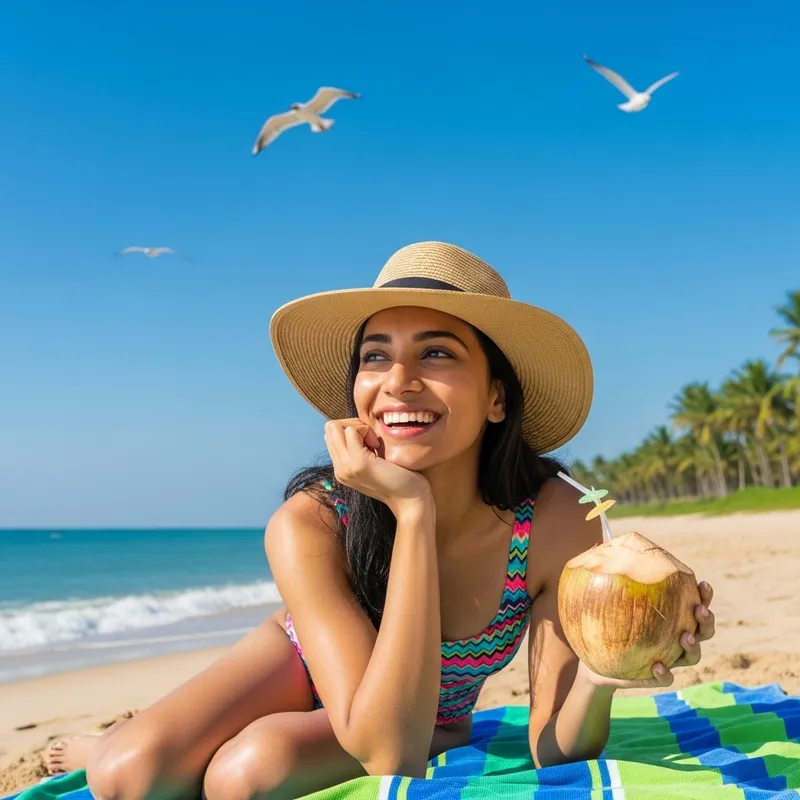 Radiant South Asian Woman Relaxing at Tropical Beach | Sun-Kissed Beauty Radiant South Asian Woman Relaxing at Tropical Beach | Sun-Kissed Beauty