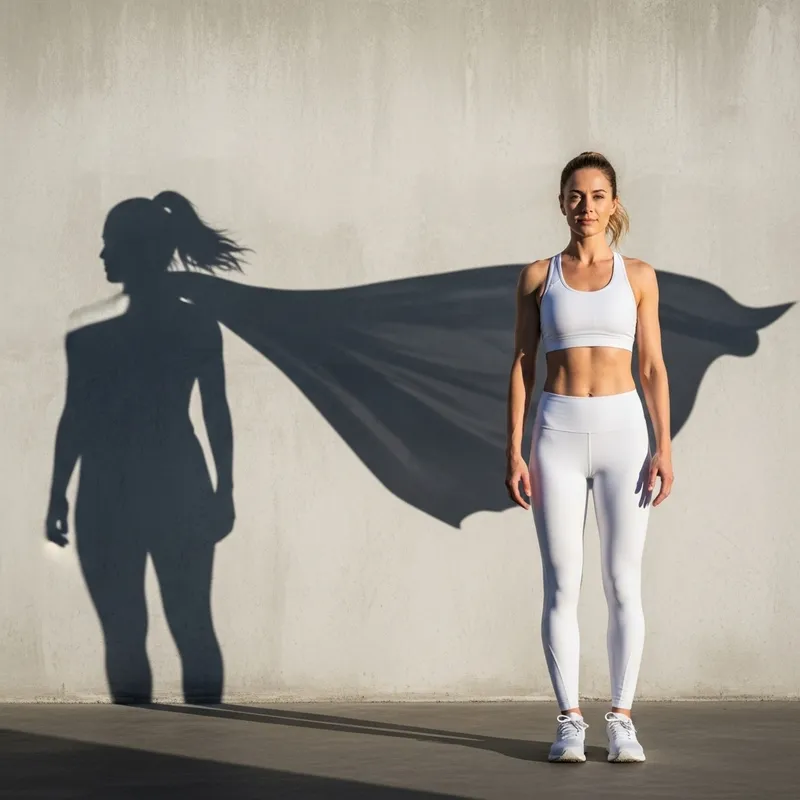Woman Wearing White Sports Apparel Stands with Superman Cape Shadow