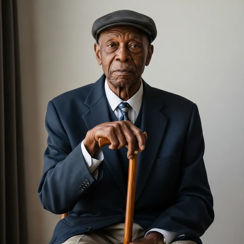 Elderly Black Man Sitting with Cane