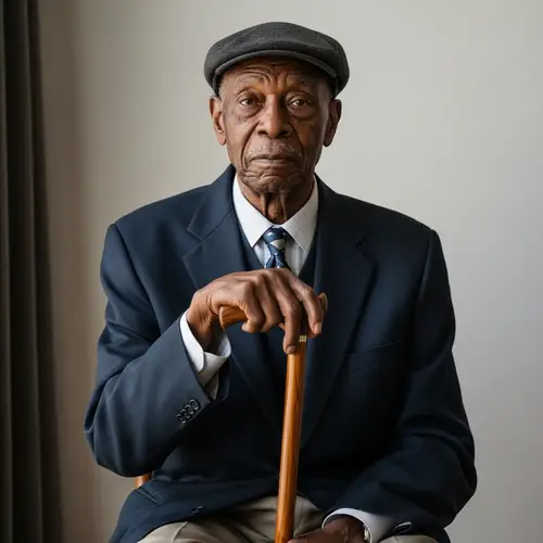 Elderly Black Man Sitting with Cane