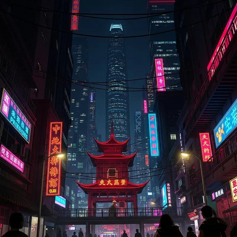 Cyberpunk Chinatown Night Cityscape with Neon Lights Cyberpunk Chinatown Night Cityscape with Neon Lights