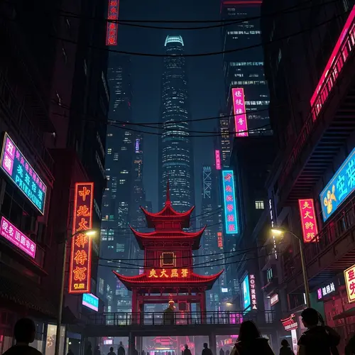 Cyberpunk Chinatown Night Scene with Neon Lights