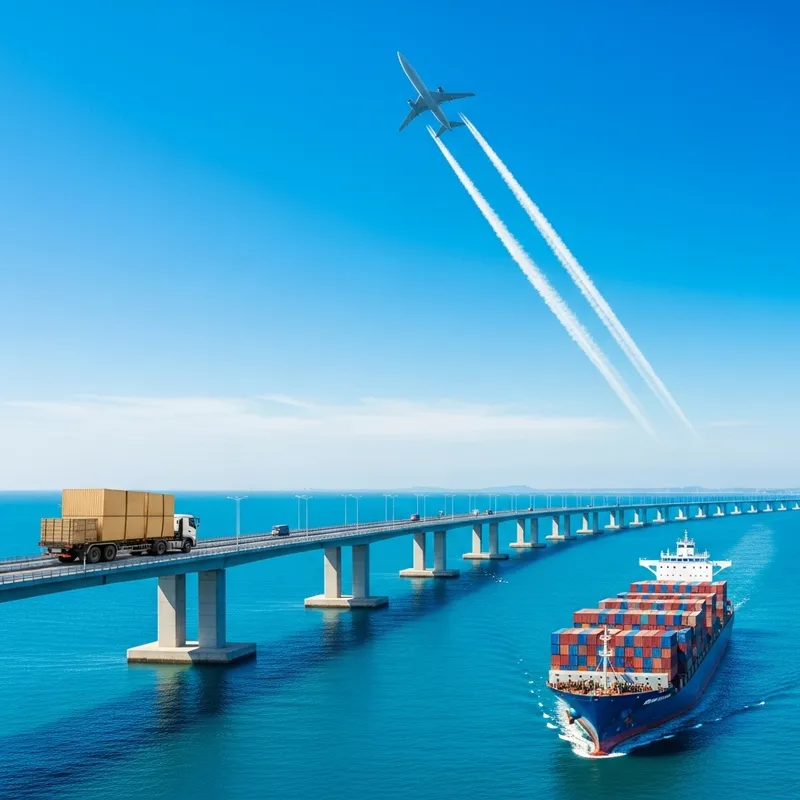 Global Logistics: Bridge, Truck, Airplane, and Cargo Ship Scene