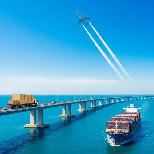 Global Logistics: Bridge, truck, airplane, and cargo ship in vibrant scene